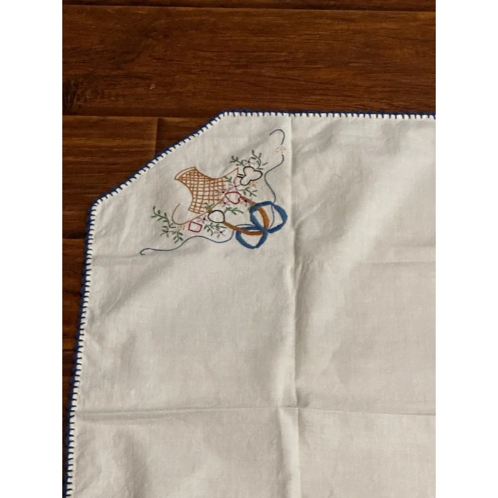 Vintage Handmade Embroidered Table Topper 30x33 Blue Floral Cottage Farmhouse